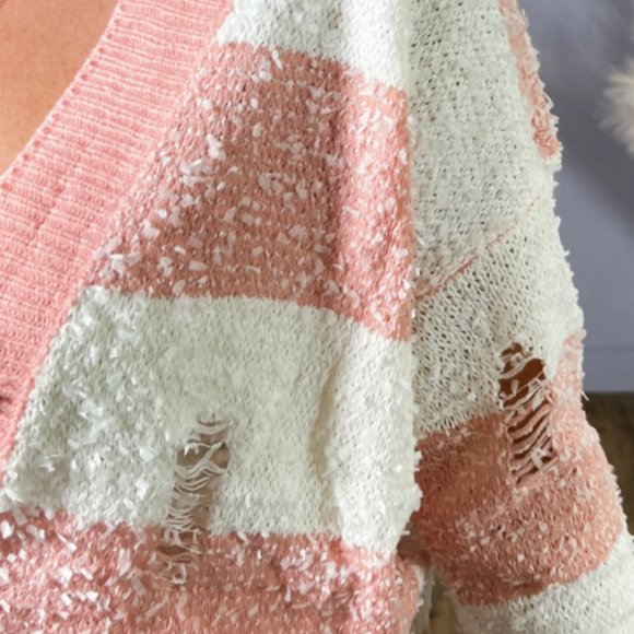 Entro Pink & White Striped Textured Knit Cardigan - Picture 7 of 9